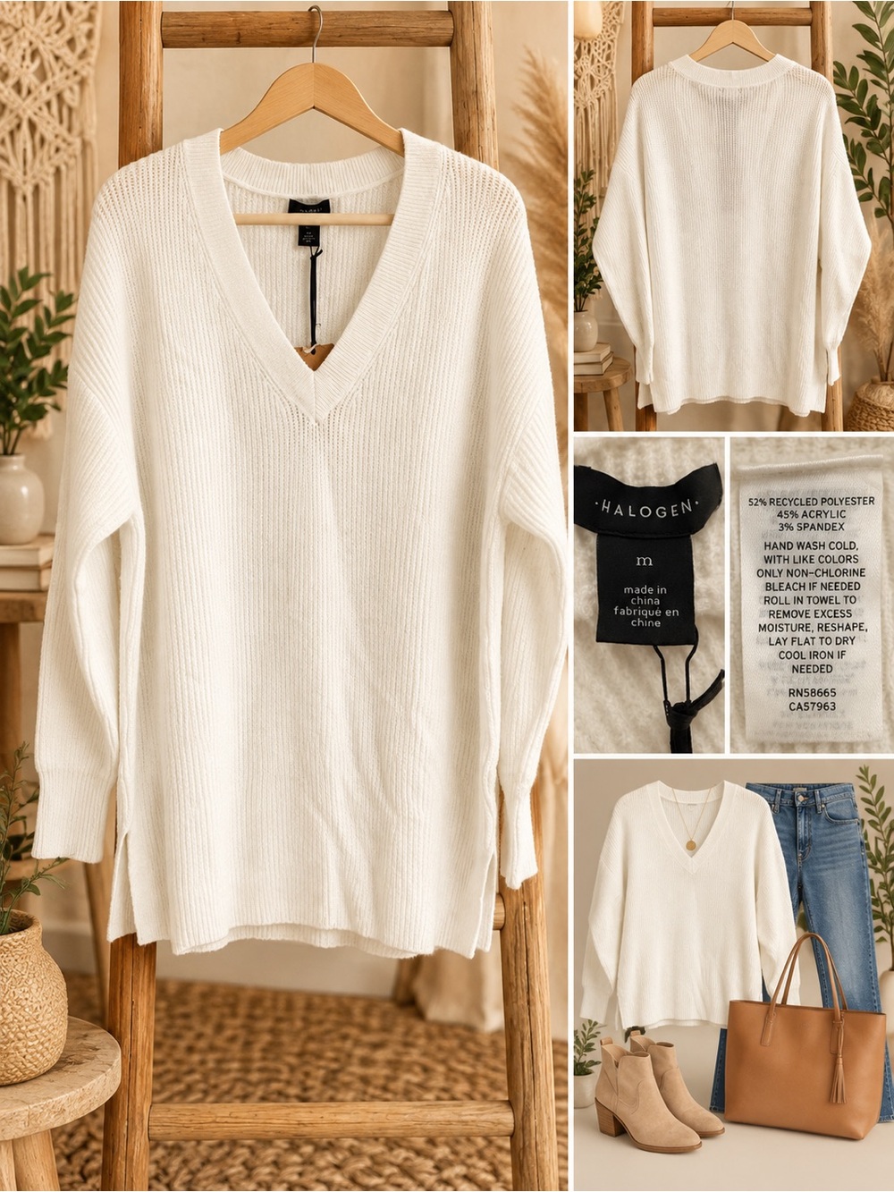 Halogen White Oversized V-neck sweater Size Medium NWT